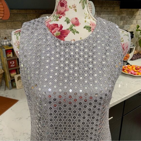 Black Label By Chico’s Dress Size 8 Silver Sequin Crochet Sheath Cocktail Party - Picture 2 of 15